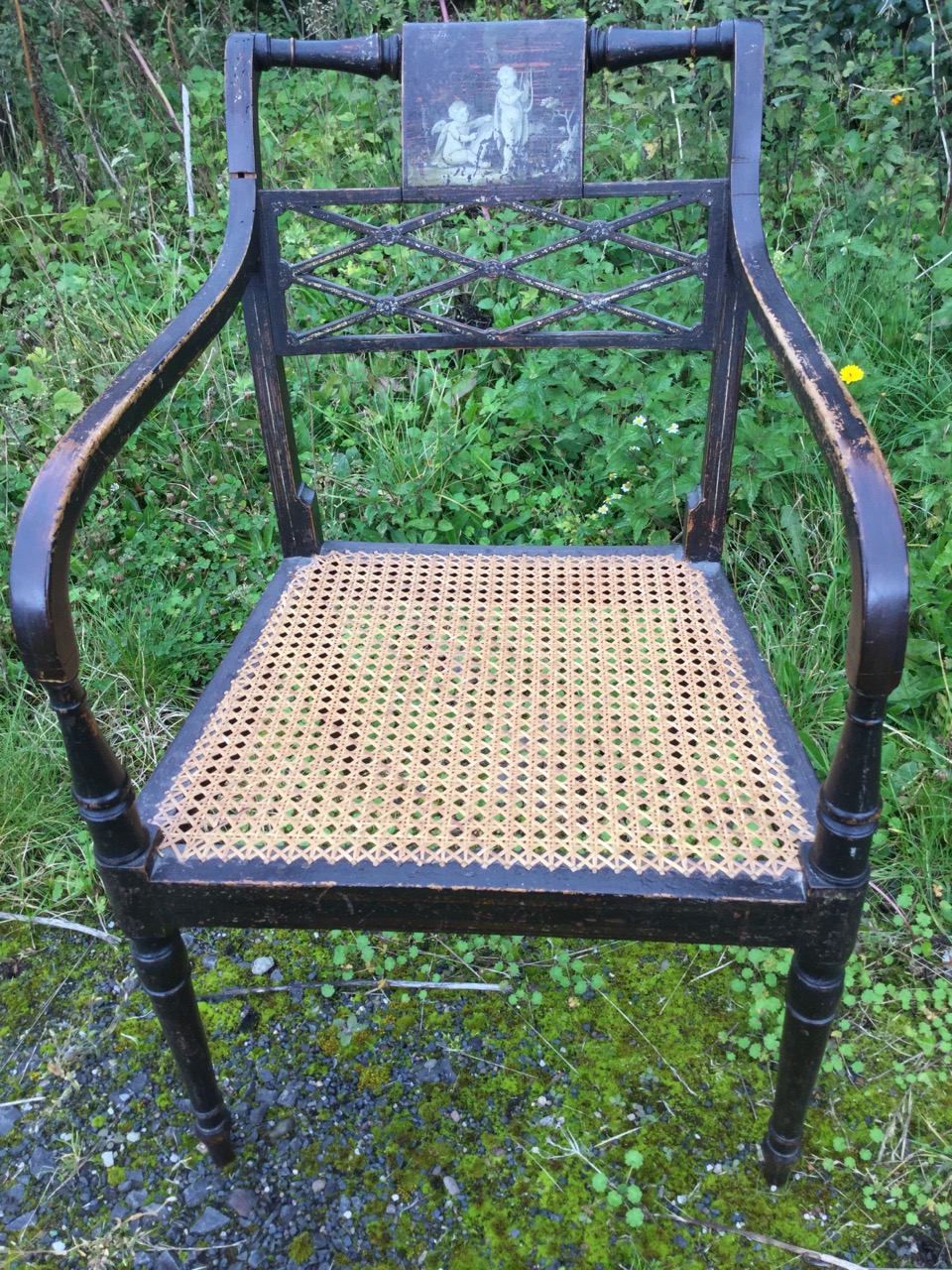 A regency painted armchair, the back with panel painted en grisaille with cherubs above latticework, - Image 2 of 3