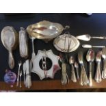 Miscellaneous silver & plate including a Birmingham hallmarked pair of brushes, a set of six tea
