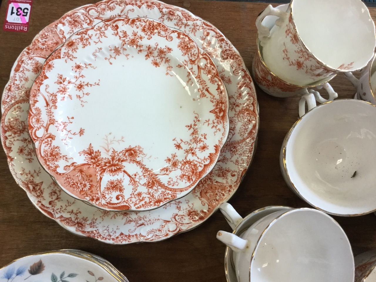 A late Victorian Balmoral China teaset decorated with orange foliate scrolling having gilt scalloped - Image 2 of 3