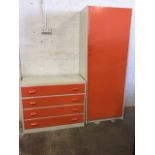 A painted four-drawer chest and wardrobe mounted with rectangular handles. (2)