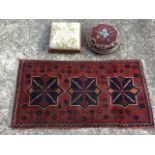 A Victorian mahogany circular beadwork stool in moulded frame raised on bun feet; a small bokarra