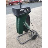 An electric Atco 1600 quiet garden shredder, the machine on trolley stand.