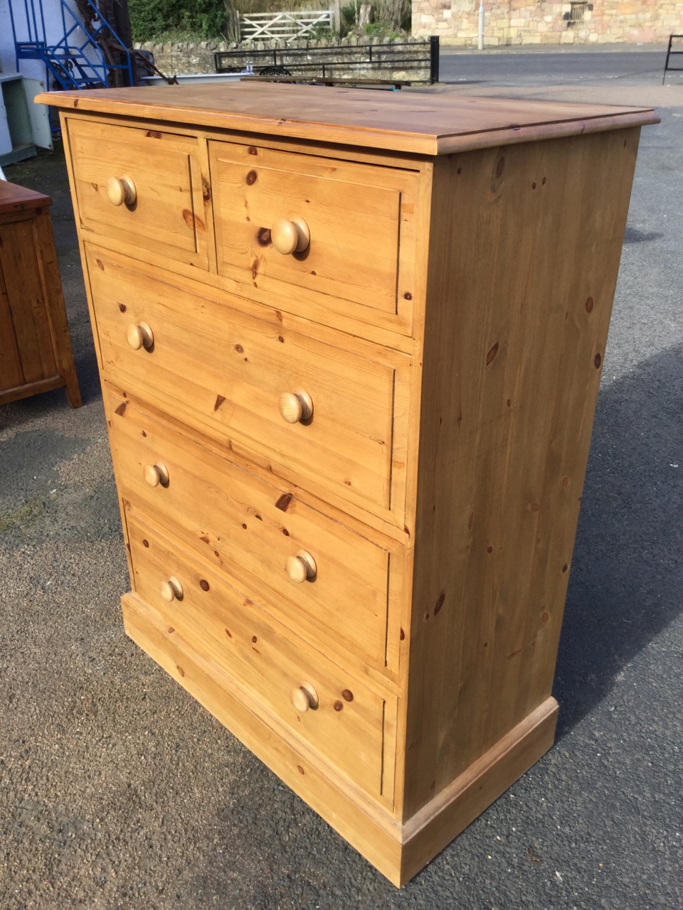 A Victorian style pine chest of drawers, with rectangular moulded top above two short and three long - Image 3 of 3