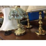 A pair of brass tablelamps with fabric shades; a touch sensitive brass tablelamp with glass shade;