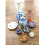 Three pieces of floral Royal Copenhagen; and five coloured cane interior style coloured glass