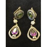 A pair of 9ct gold belle epoche style ear drops, with oval periodots and pear shaped amethysts