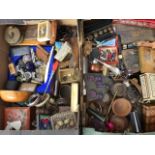 Miscellaneous collectors items including boxes, jewellery, a wood fishing reel, hallmarked silver