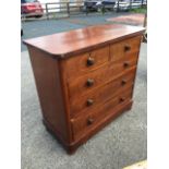 A Victorian mahogany chest of drawers having rounded top above two short and three long knobbed