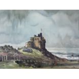 Fred Stott, watercolour, castle with walking figures and estuary beyond, signed, mounted & gilt