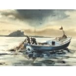 Ronald Moore, watercolour, fishing boat lifting nets off Bamburgh, signed and titled on mount