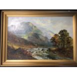 D Jamieson?, oil on canvas, river landscape with cottage, signed indistinctly, inscribed to verso