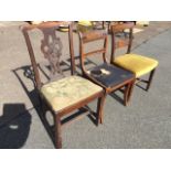 Three antique mahogany dining chairs - Chippendale style with needlework seat, Regency with tablet