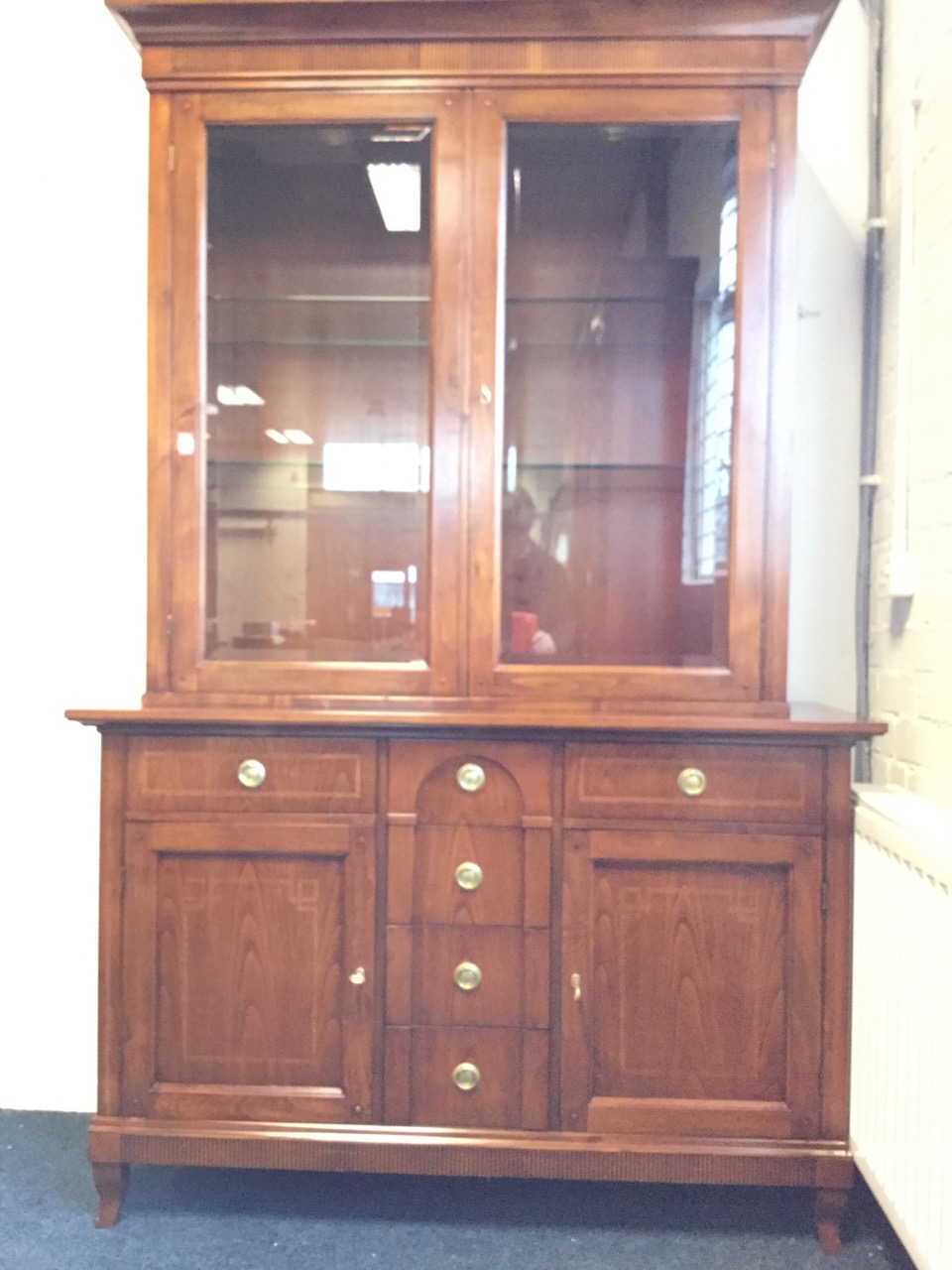 A reproduction mahogany cabinet, overall inlaid with chequered banding, having moulded cornice above - Image 2 of 3