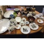 Miscellaneous ceramics & glass including Victorian teapots, ashets, a pair of marbled glass vases,