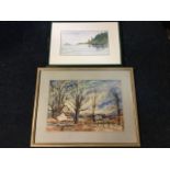 SM Rawlings, watercolour, coastal view with sailing boat off promontory, signed, mounted & framed;