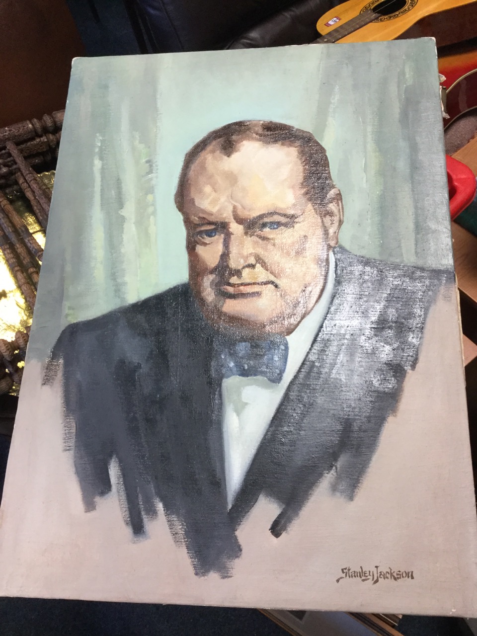 Stanley Jackson, oil on canvas, bust portrait of Winston Churchill, signed, unframed. (20in x 27. - Image 3 of 3