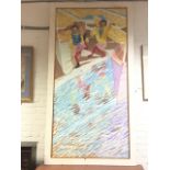 Johnny Pitcorthier, oil on two canvases, children on beach with boats, signed & dated, framed. (84in