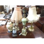 Five miscellaneous tablelamps - alabaster, glass, onyx, brass, ceramic, two with shades. (5)
