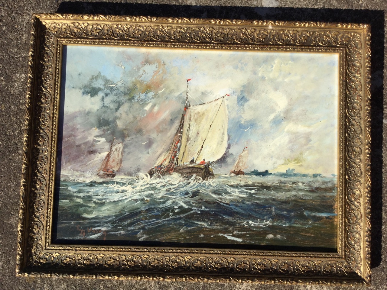 Thomas Wilson, oil on board, sailing boats on choppy seas, signed, label verso titled Fishing off