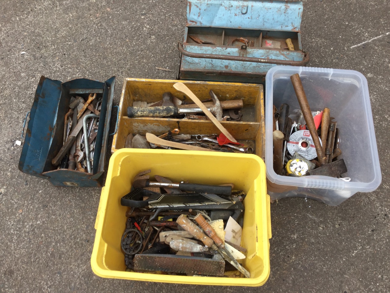 Five boxes of miscellaneous tools - hammers, pliers, spanners, files, saws, knives, chisels,