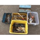 Five boxes of miscellaneous tools - hammers, pliers, spanners, files, saws, knives, chisels,