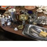 Miscellaneous silver plate, pewter, brass, stainless, copper, etc., including a ribbed three-piece