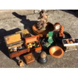 Miscellaneous treen including a carved Japanese figure, pokerwork boxes, a leather ball on stand,