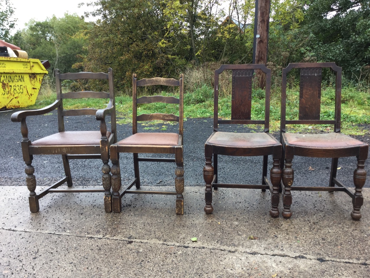 A pair of oak chairs with press carved rectangular splats above drop-in upholstered seats raised - Image 2 of 3