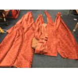 A suite of four velvet style lined curtains in a gilt grid pattern with pair of tie backs - 50in;