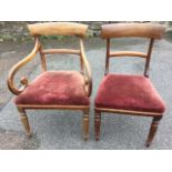 A pair of nineteenth mahogany chairs, a single and a carver, with velvet upholstered seats on turned
