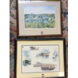 Jane Glue, lithographic print with vignettes of Kirkwall, titled Memories of Kirkwall Pier, signed