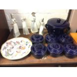 A set of six blue glazed pots & covers; another similar large cooking pot; a Wedgwood floral