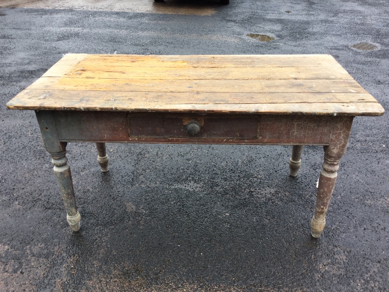 A nineteenth century farmhouse table with rectangular plank top above a deep frieze with knobbed - Image 2 of 3