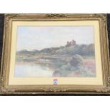 Murray Macdonald, watercolour, river landscape with fisherman, inscribed to verso Norham Castle on
