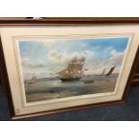 Steven Dews, large limited edition lithographic coloured print, boats under sail off coast, signed