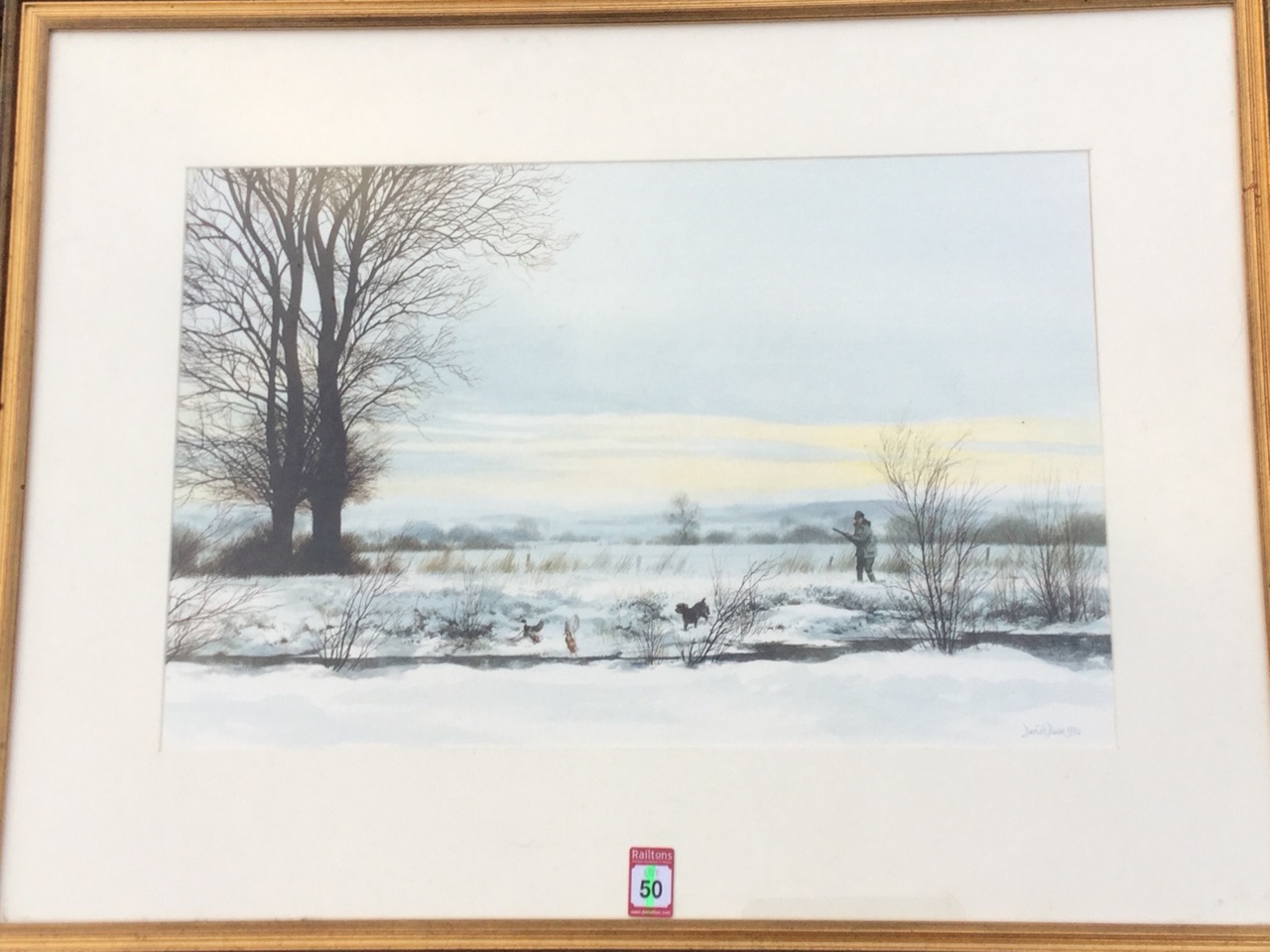 Derick Bown, watercolour, winter landscape with shooter, ducks & dog, signed and dated, mounted &