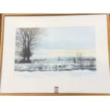 Derick Bown, watercolour, winter landscape with shooter, ducks & dog, signed and dated, mounted &