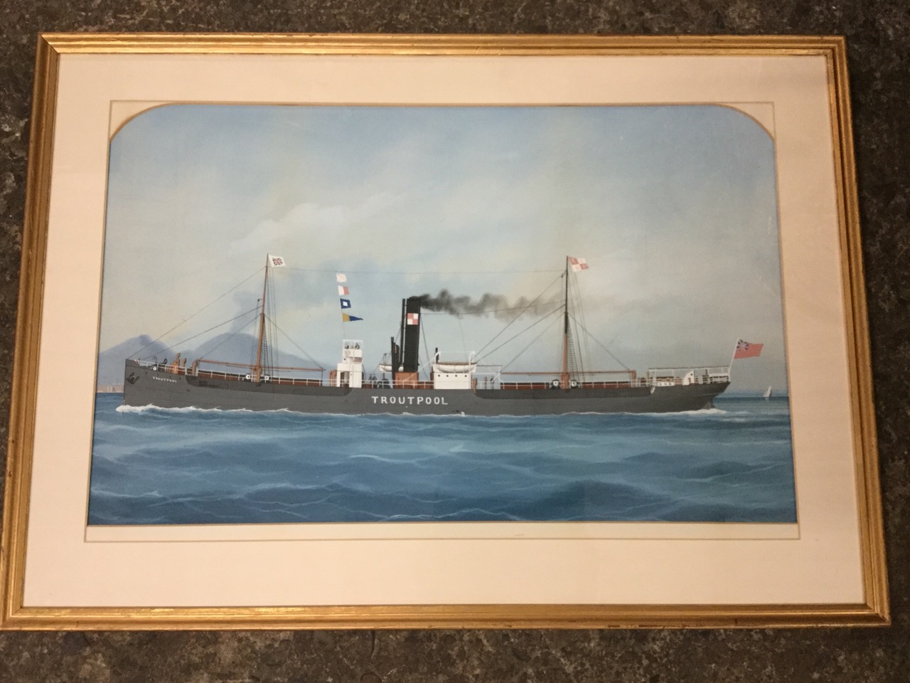 Watercolour & gouache, a study of Troutpool cargo ship under full steam, with figures on deck and