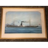 Watercolour & gouache, a study of Troutpool cargo ship under full steam, with figures on deck and