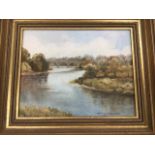 Margaret Stephenson, oil on board, river landscape, titled to verso The Tweed at Coldstream,
