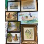 A set of three oil on board signed eastern water landscape studies; a signed Forrest print of