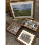 Two framed golf themed dioramas with clubs, balls, pictures, tees, etc; an Edwardian framed sepia