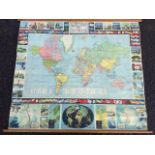 A Johnstons 1960s canvas backed world map, the coloured print framed by flags and vignettes of