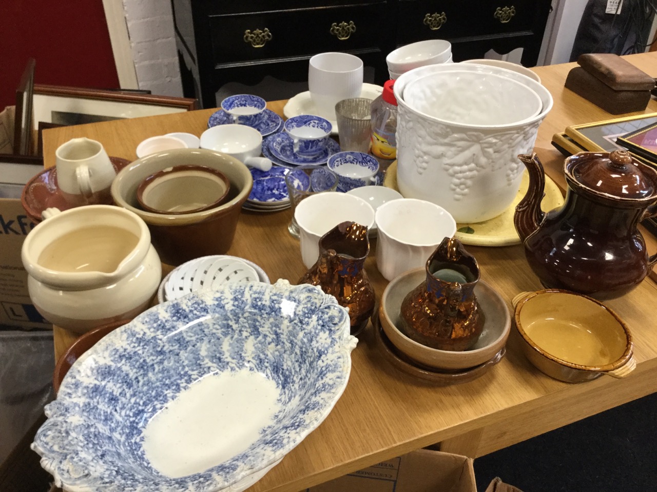 Miscellaneous ceramics including terracotta dishes, a pair of Victorian copper lustre jugs, a