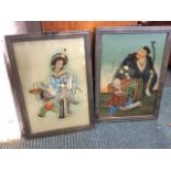A pair of Chinese reverse glass paintings, depicting father & son, and mother with daughter, the