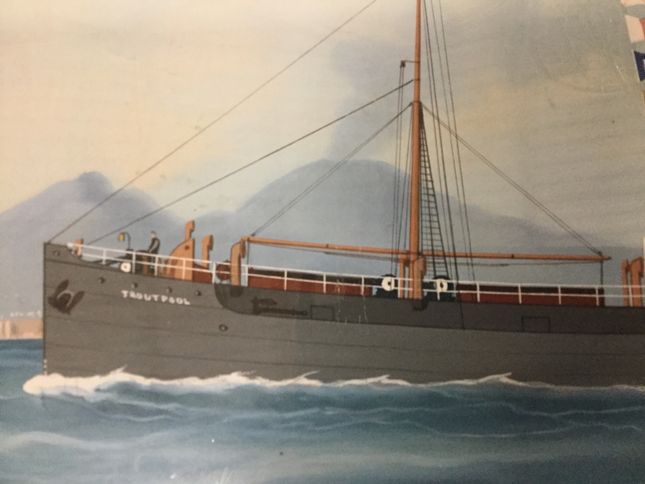 Watercolour & gouache, a study of Troutpool cargo ship under full steam, with figures on deck and - Bild 3 aus 3