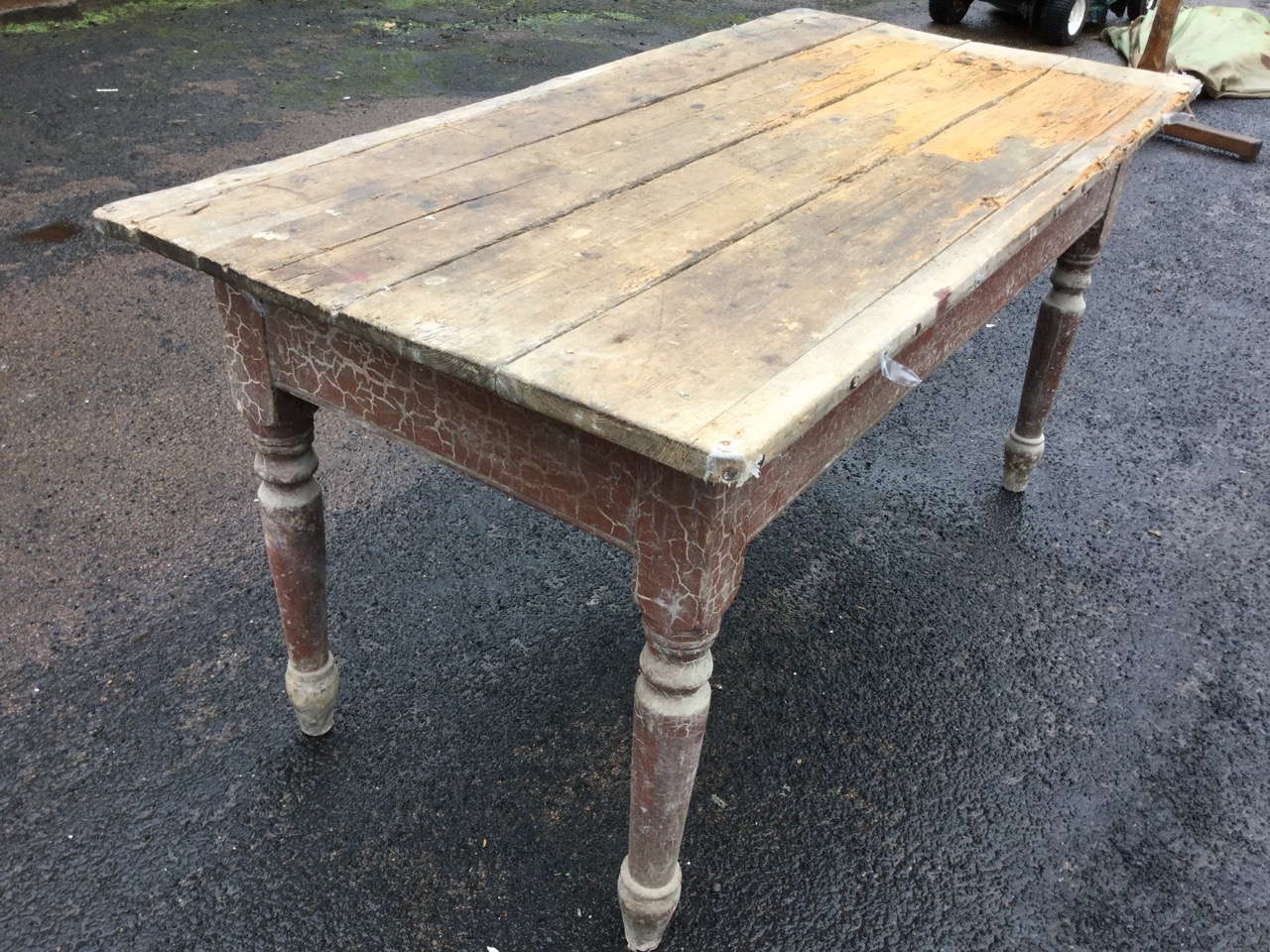 A nineteenth century farmhouse table with rectangular plank top above a deep frieze with knobbed - Image 3 of 3
