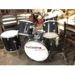 A large Fortissimo drum kit, with cymbals, bass, snare, tom-tom, hi-hat, etc., the set complete with
