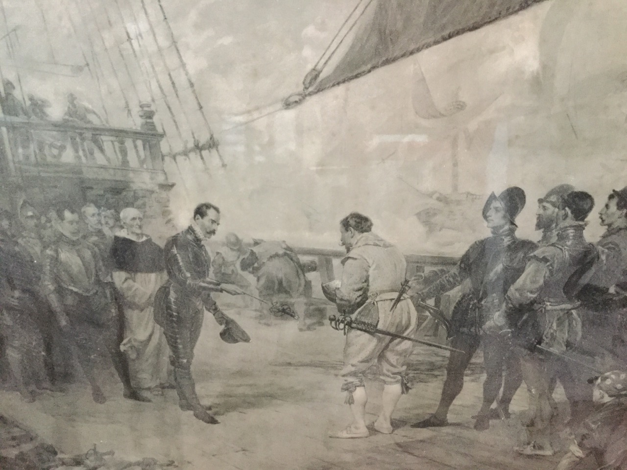 A large Victorian monochrome print after Seymour Lucas depicting the Spanish surrendering to Sir - Image 2 of 3