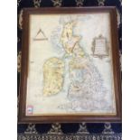 A coloures antique style print, map of the British Isles, with latin inscriptions and scales, in